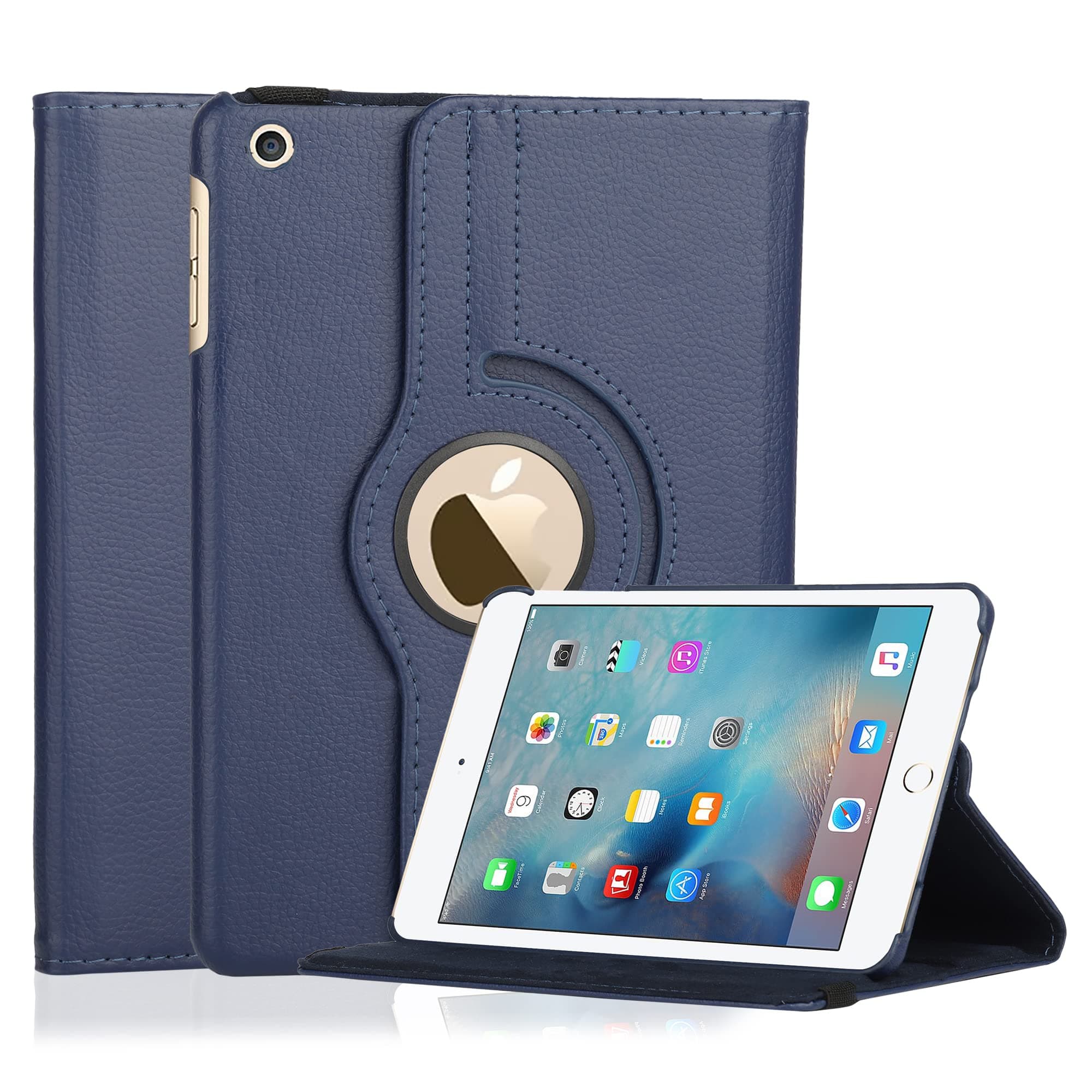 San Pareil Apple iPad Mini Case, iPad Mini 2 Case, iPad Mini 3 Case, 360-Degree Rotating Hard Folio Case (Blue) with tablet stand and camera hole, made of PU leather, with extra strong back (iPad Mini, 2,3 only)