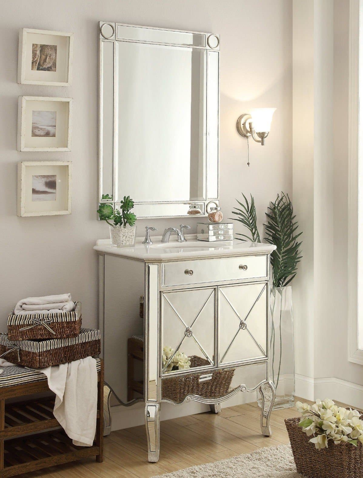 Benton Collection 30" All Mirrored Adelisa Vanity Silver w/Matching Mirror YR-506RA/MF-1002SC