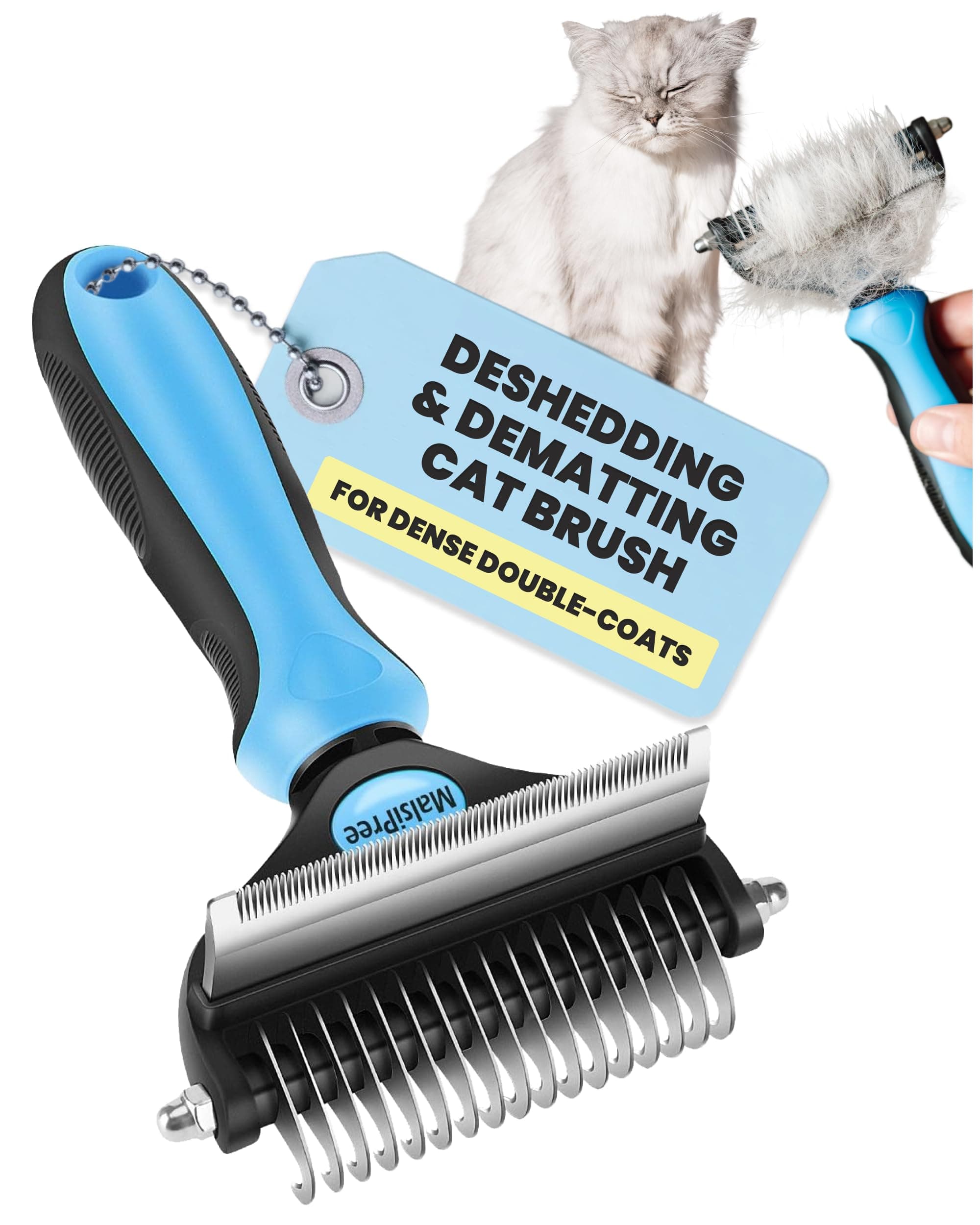 2-in-1 Cat Brush for Shedding - Double-Sided Undercoat Rake for Long Haired Cats - Professional Dematting Tool for Dense Double-Coats - Gentle Deshedding Brush for Kittens, Blue