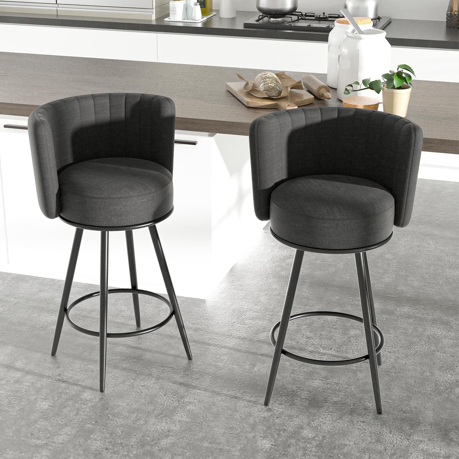 Bar Stools Set of 2, Counter Height Barstools with Back & Footrest Metal Legs, Counter Stools for Kitchen Island, Counter, Cafes, Dining Room (Swivel, Dark Grey)