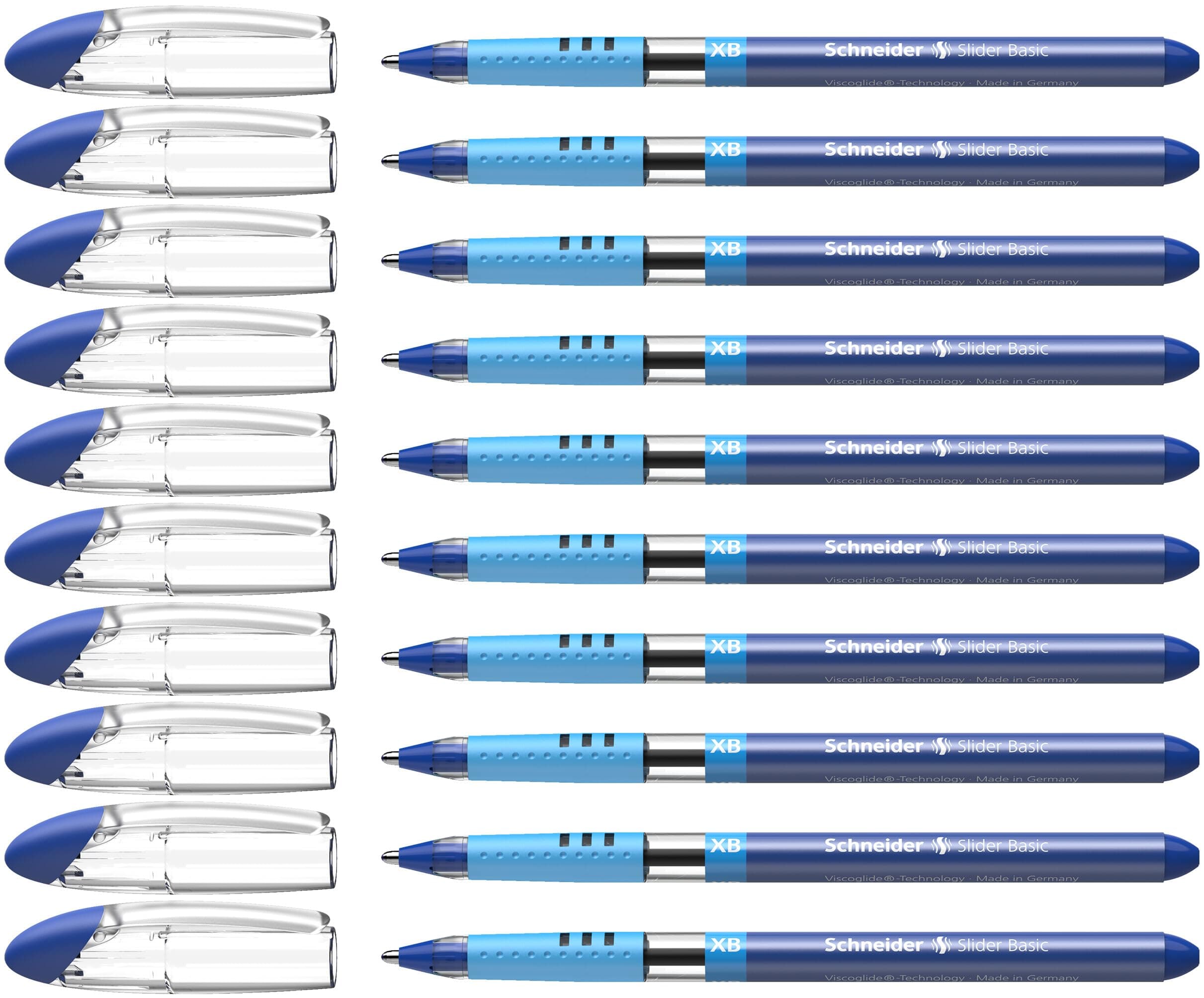 Schneider Slider Basic XB (Extra Broad) Ballpoint Pen, 1.4 mm, Transparent Barrel, Blue Ink, Box of 10 Pens (151203)
