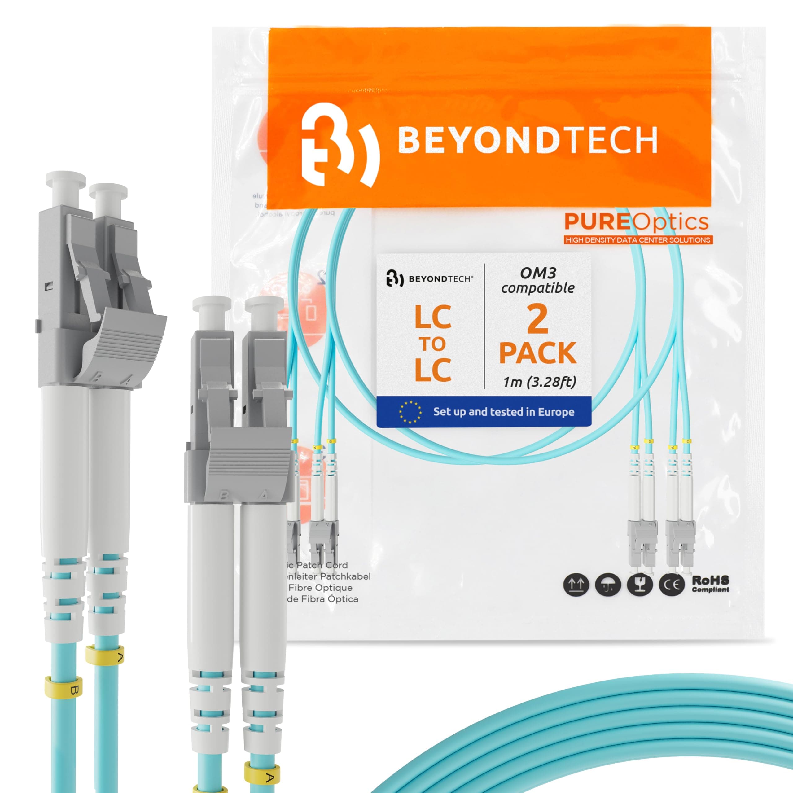 BEYONDTECH 1m (3.28ft) LC to LC Fiber Patch Cable – (2-Pack) UPC Multimode Duplex Fiber Optic Cable – 50/125µm core, Compatible with OM3 – 10G LSZH PUREOptics Series