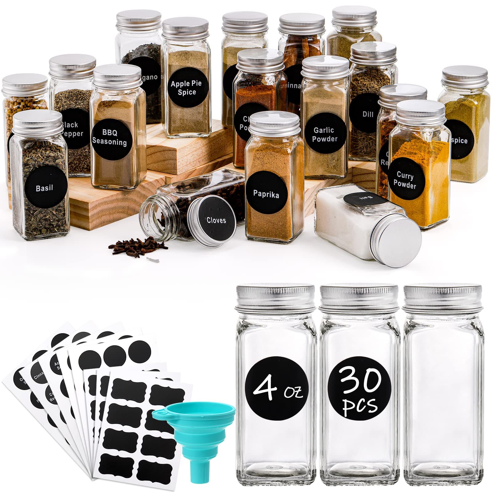 Tebery 30 Pack 4oz Glass Spice Jars Bottles, 120ml Empty Spice Containers with Silver Metal Lids, Square Spice Bottles Organizer Set Includes Shaker Tops, Wide Funnel and Labels