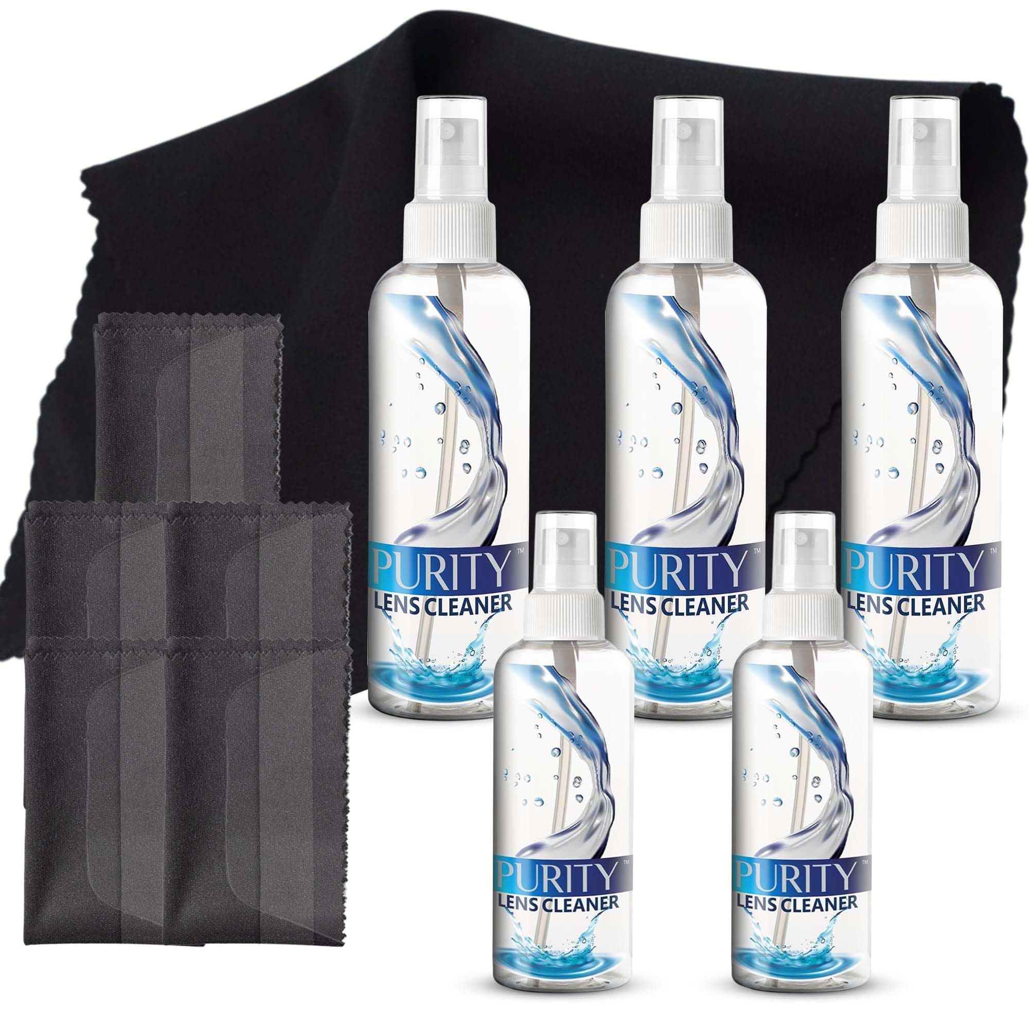 Purity Eyeglass Cleaner Mega Pack - Multi-Size Lens Cleaner Kit - 2x2oz, 3x8oz Bottles + 5 Black Premium Microfiber Cloths - Safe for All Lenses, Eyeglasses, and Screens - Streak-Free Formula