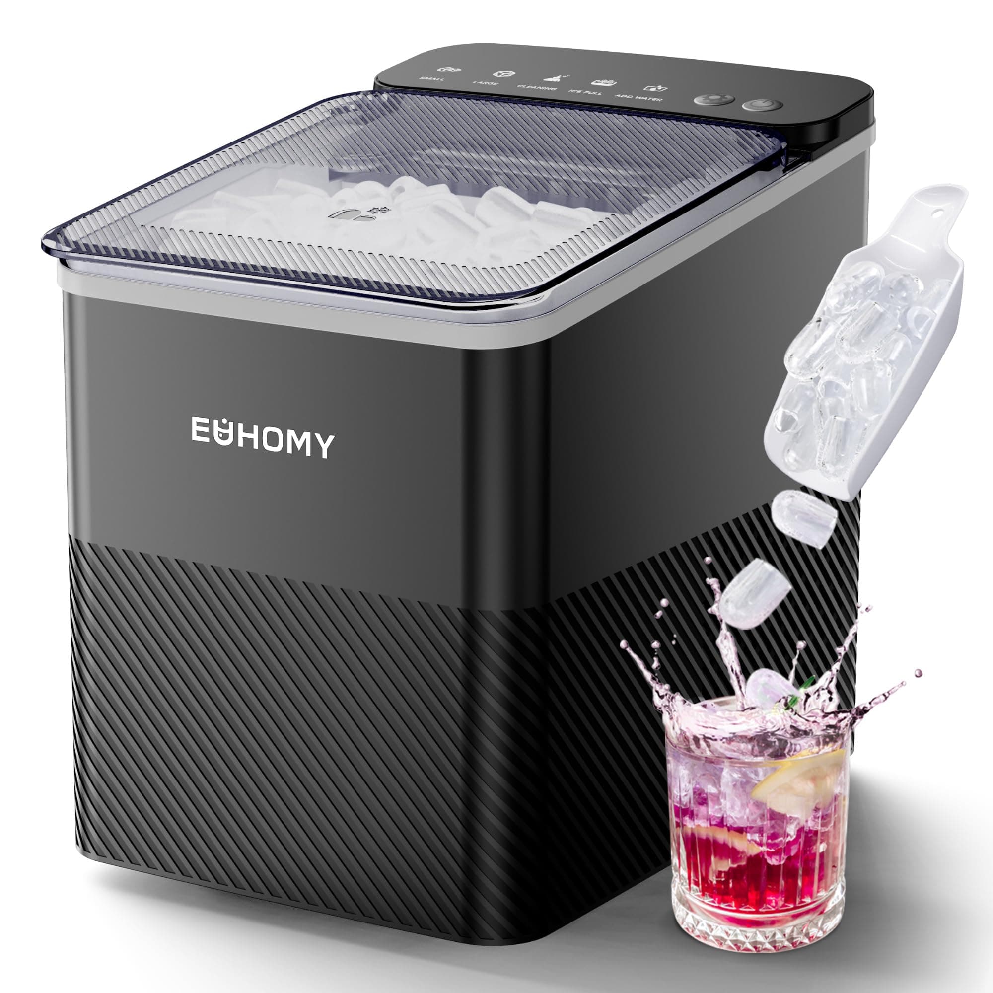 – EUHOMY Countertop Ice Maker, Ice Machine with One-Touch Control and Automatic Cleaning, Produces 9 Cubes 2 Sizes,12kg/24h, Smart Reminders, Transparent Lid, for Office/Kitchen/Bedroom/Living Room/Bar
