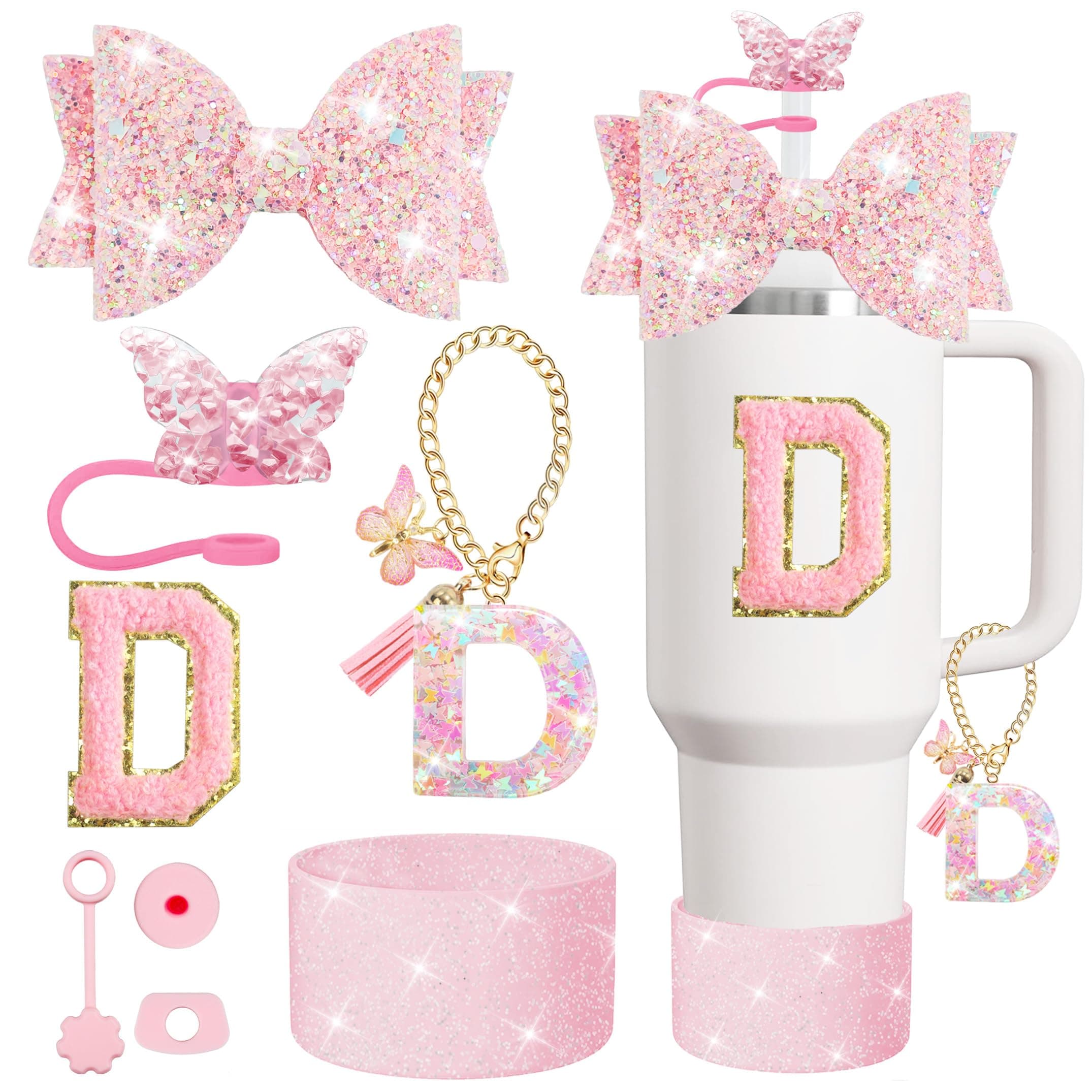 XIANGYUAN 8PCS Stanley Cup Accessories Set for Stanley Cup 30oz 40oz Tumbler with Handle,Including Straw Topper Cover Cap and Boot,Spill Proof Stopper,Handle Charm,Initials Sticker (Pink D)