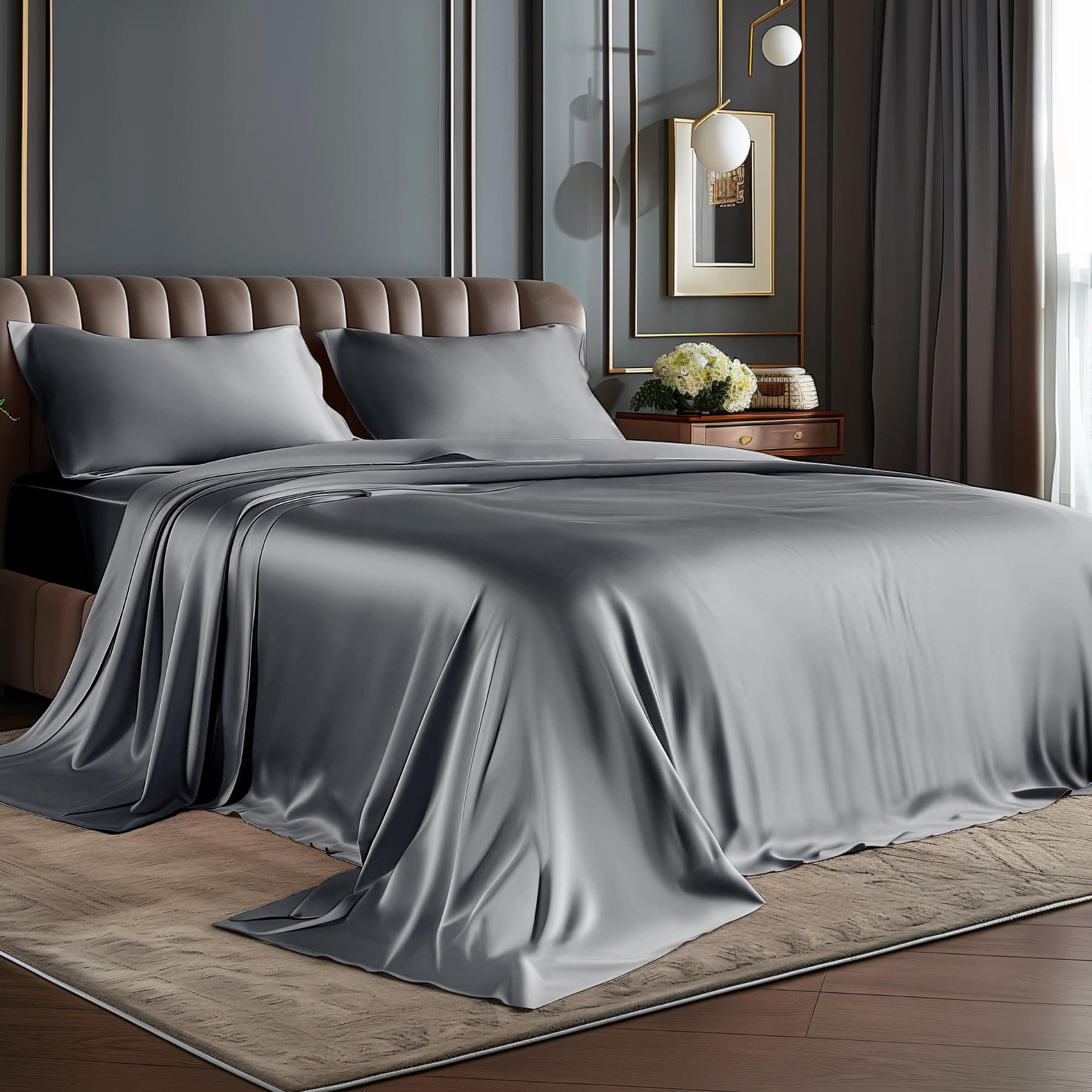BEDELITE Satin Sheets Twin Size Bed Set, Luxury Soft Dark Grey Silky Sheets for Hair and Skin, Similar to Silk Bed Sheets Set 3 Pieces with 1 Deep Pocket Fitted Sheet, 1 Flat Sheet, and 1 Pillowcase