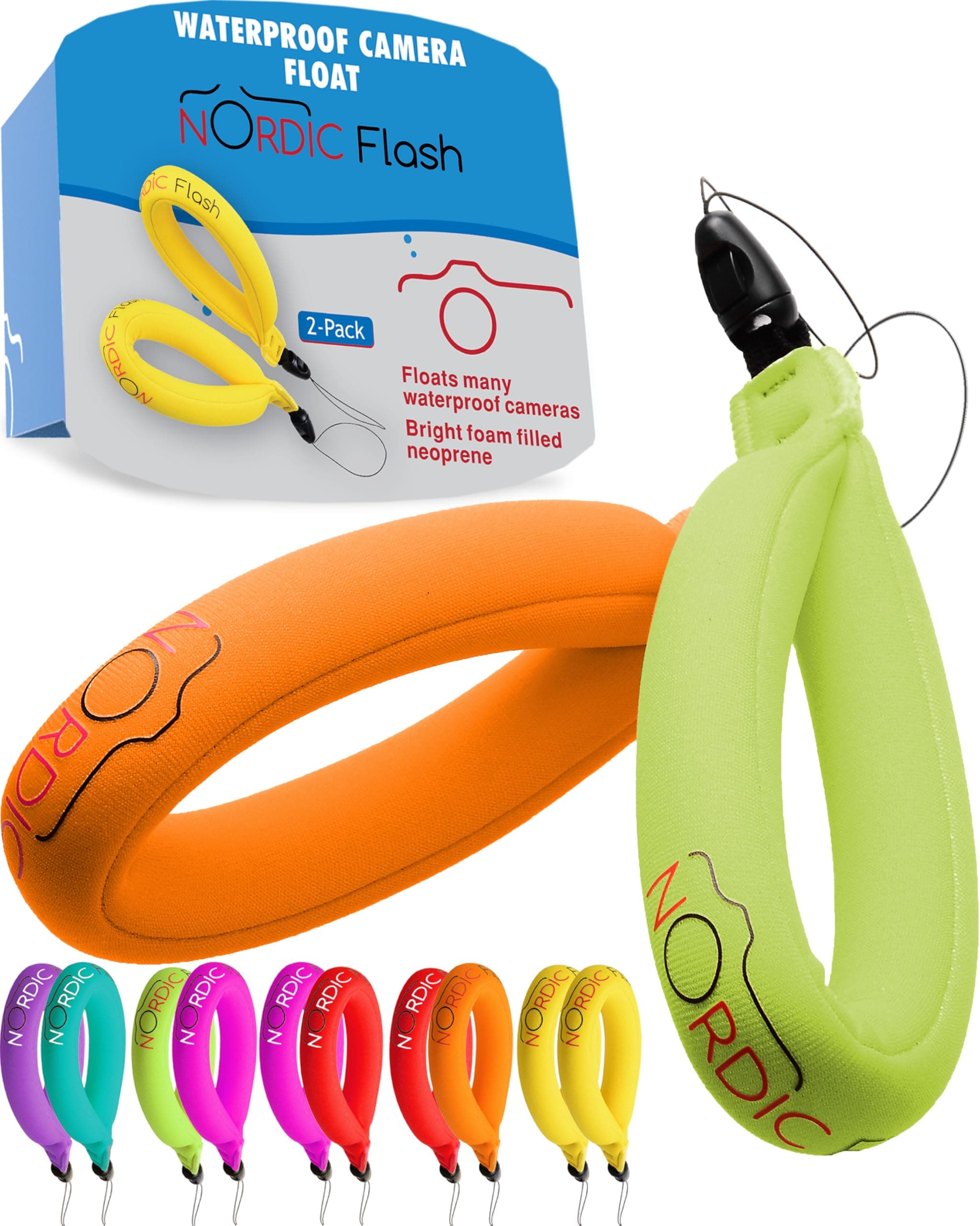 Nordic Flash Waterproof Camera Float (2-pack) Floating Strap for Your Underwater Devices - Green & Orange