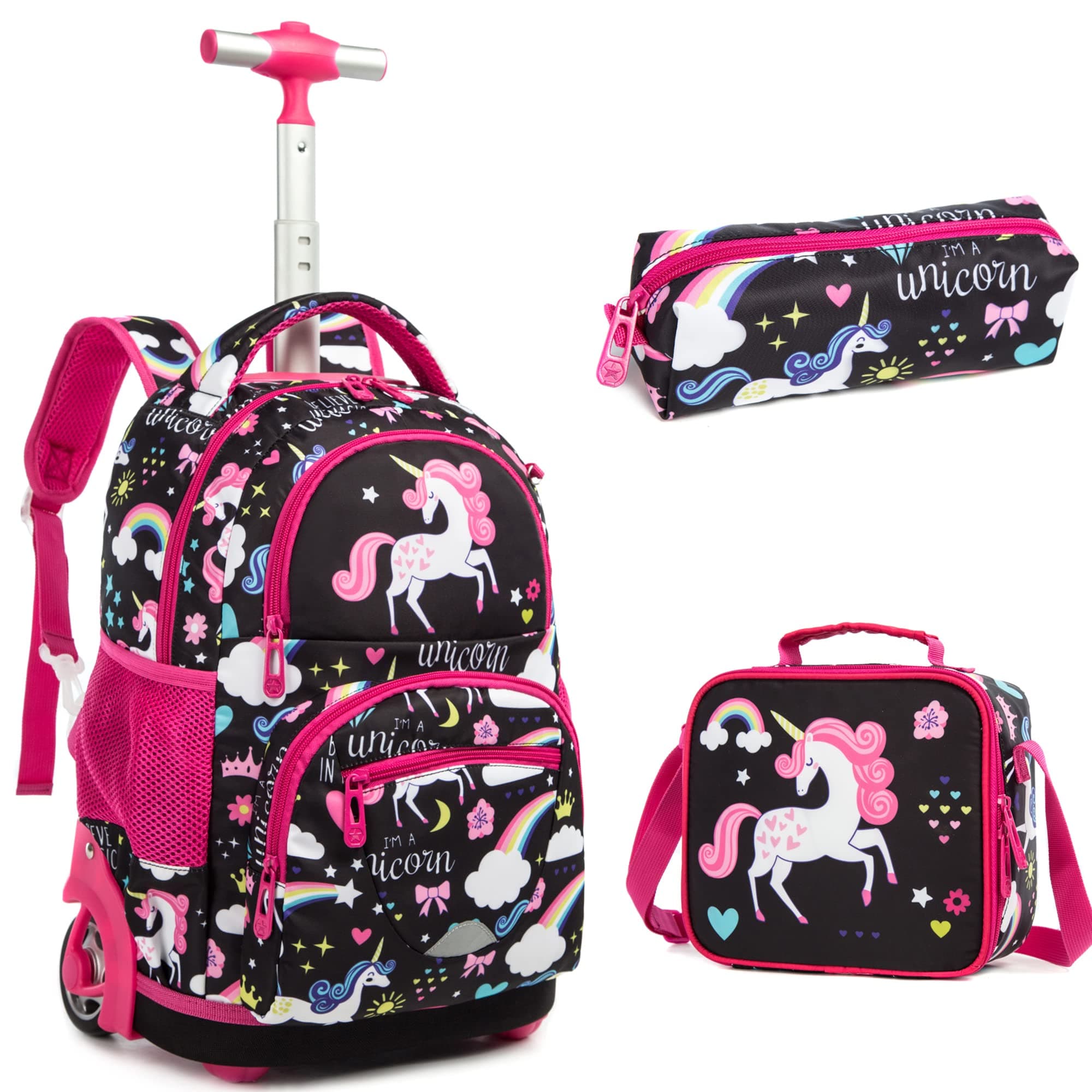 Rolling Backpack 16 inch Kids Wheeled School Backpack Set for Boys and Girls, Unicorn Black, 16 inch, Claasic