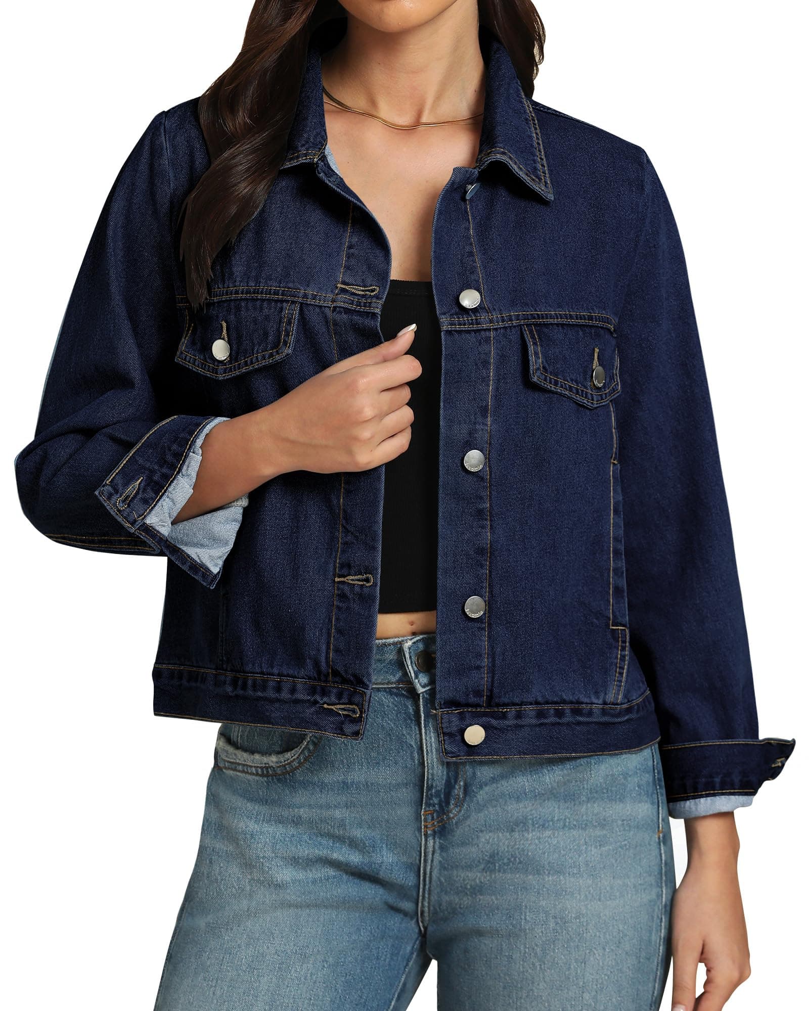 luvamia Women's Basic Button Down Stretch Fitted Long Sleeves Denim Jean Jacket