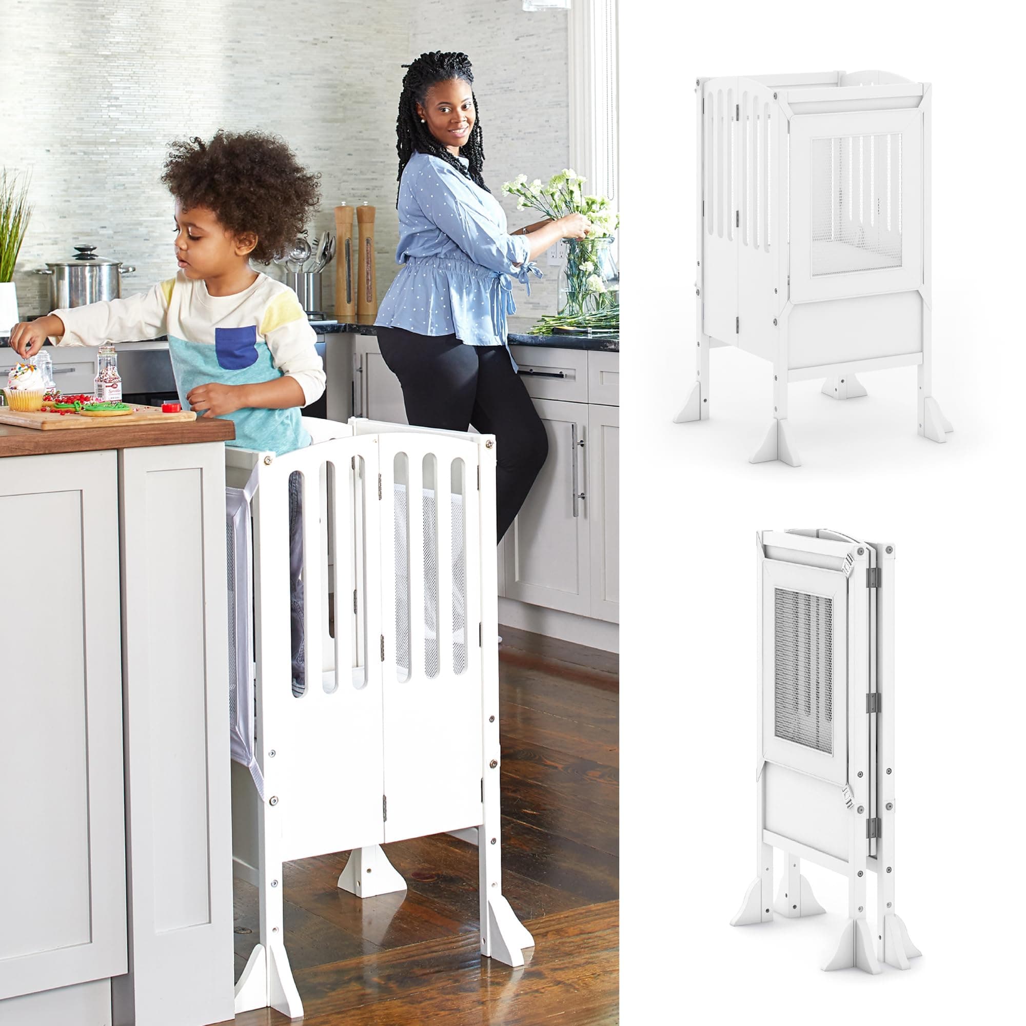 Kitchen Helper® Toddler Tower Step Stool - Contemporary - White: Folding Adjustable Height Montessori Wooden Learning Furniture with Keepers