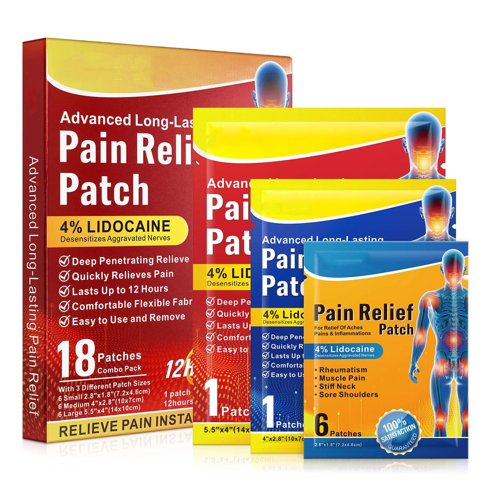 Azonee 18PCS Heat Patches-with 3 Different Patch Sizes-High Elastic Stretchable Back Shoulder Neck Knee Patches-Adhesive Heat Pads Plaster