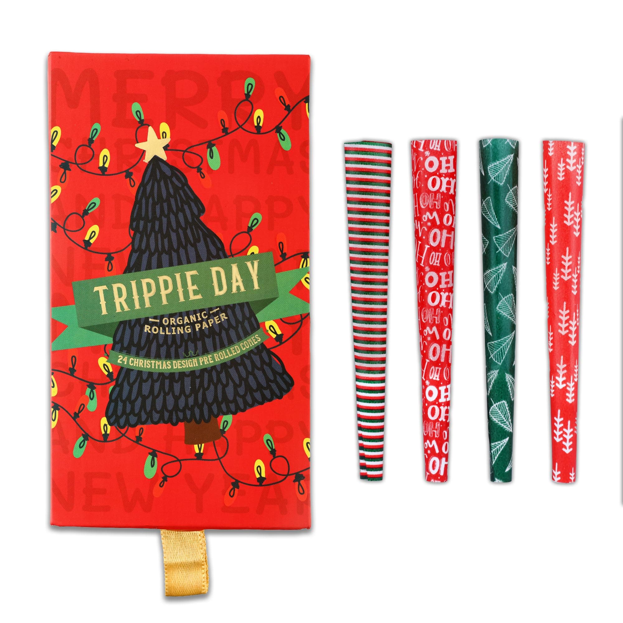 Trippie Day Printed Pre-Rolled Cones - 24 Pack with 4 Unique Holiday Christmas Designs | 1 1/4 Size | Food-Grade Soy Ink Safe for Consumption | Giftable Box for Festive Celebrations