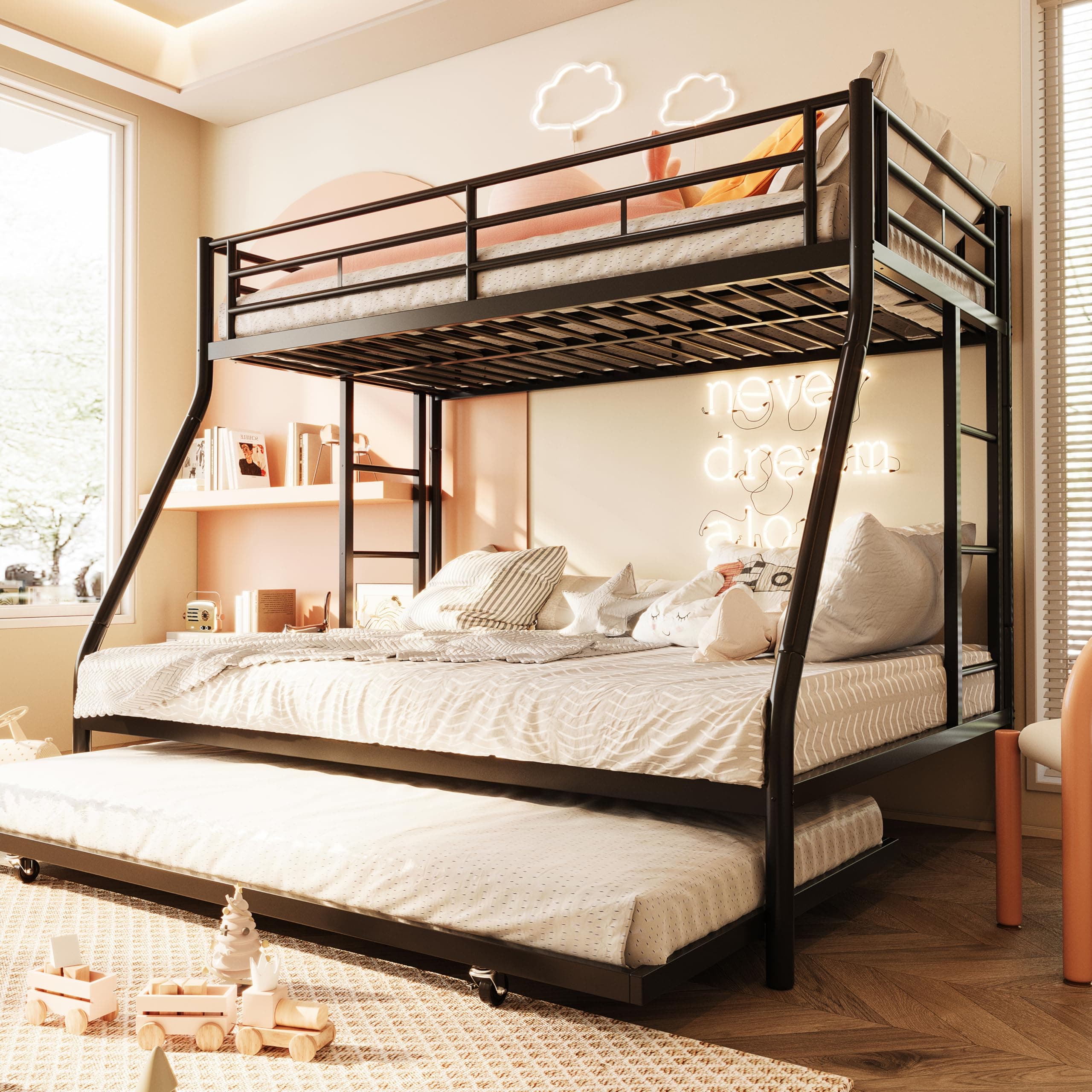 SUNLEI Bunk Bed Twin Over Full with Trundle, Twin Trundle Bed with Daybed, Metal Bunk Bed with 2 Secured Ladders, Safety Guard, Noise Free for Small Bedroom, Black (with Trundles, Twin Over Full)