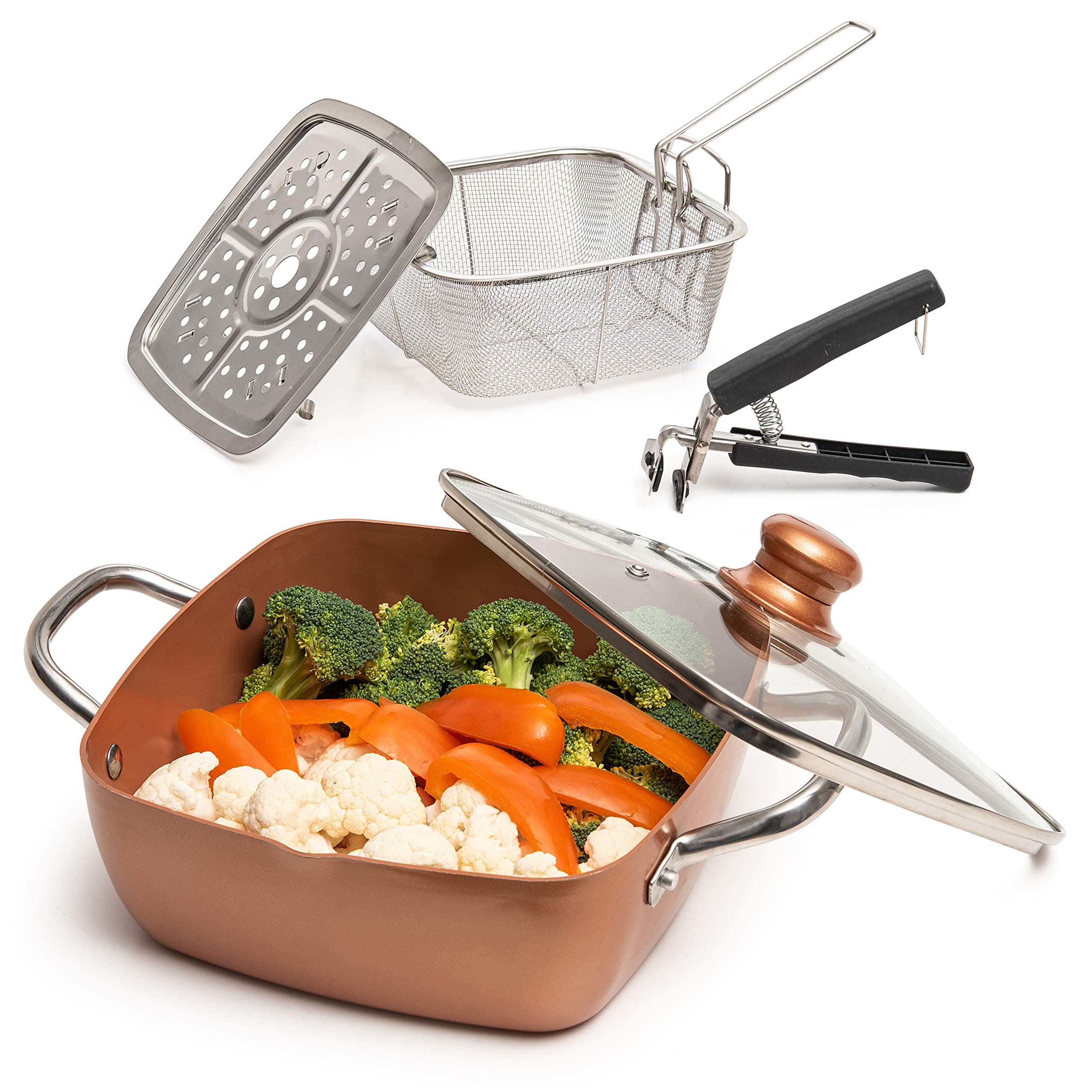 Moss & Stone 5 Pcs Copper Chef Cookware Non Stick Deep Frying Pan, Fry Basket, Steamer Rack, Dishwasher & Oven Safe, 5 Qt Deep Square Pan, Induction Copper Cookware Set - 9.5" x 3.5"