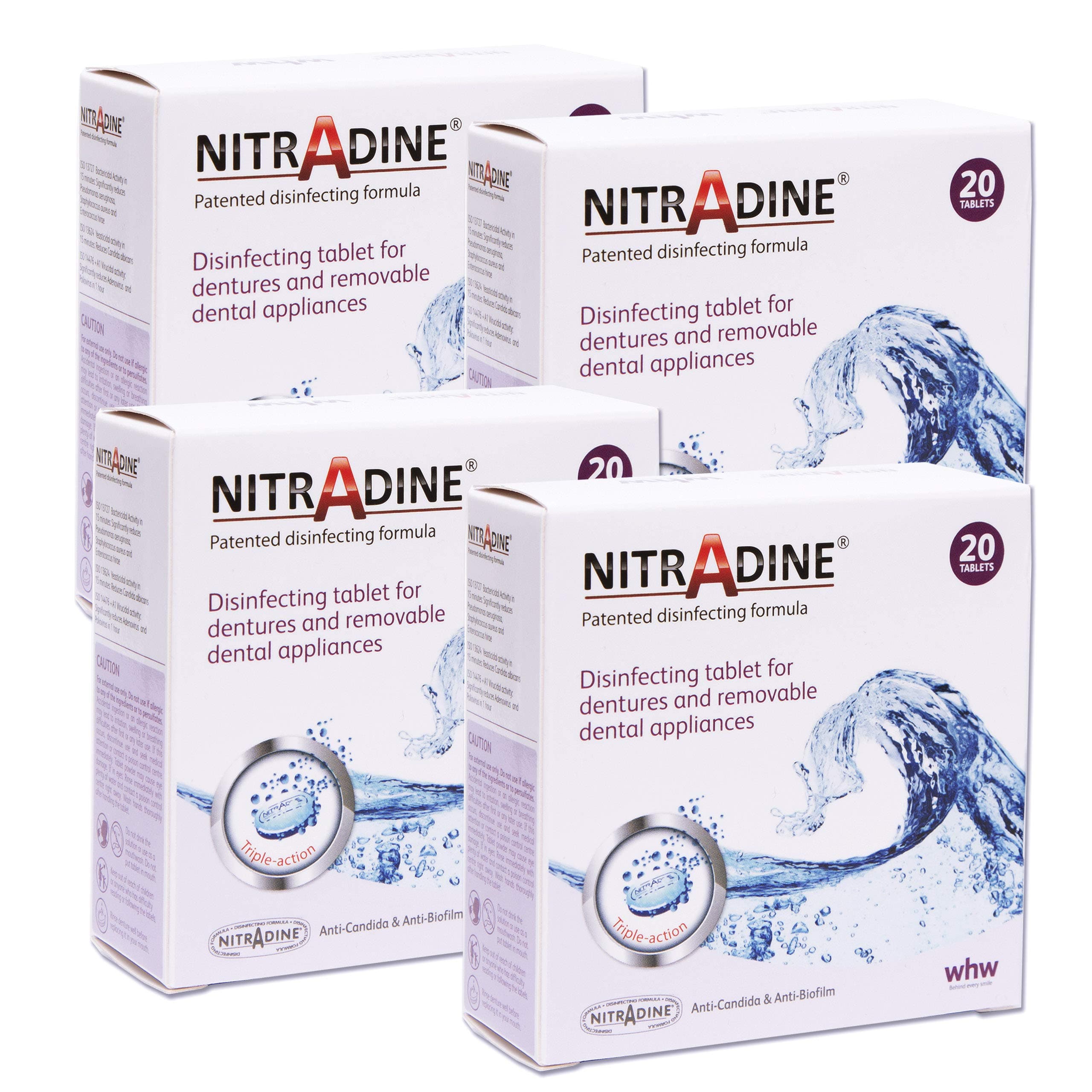 Nitradine Tablets x 4 Boxes ~ (80 Tablets) Cleaning & Disinfecting Ortho & Denture