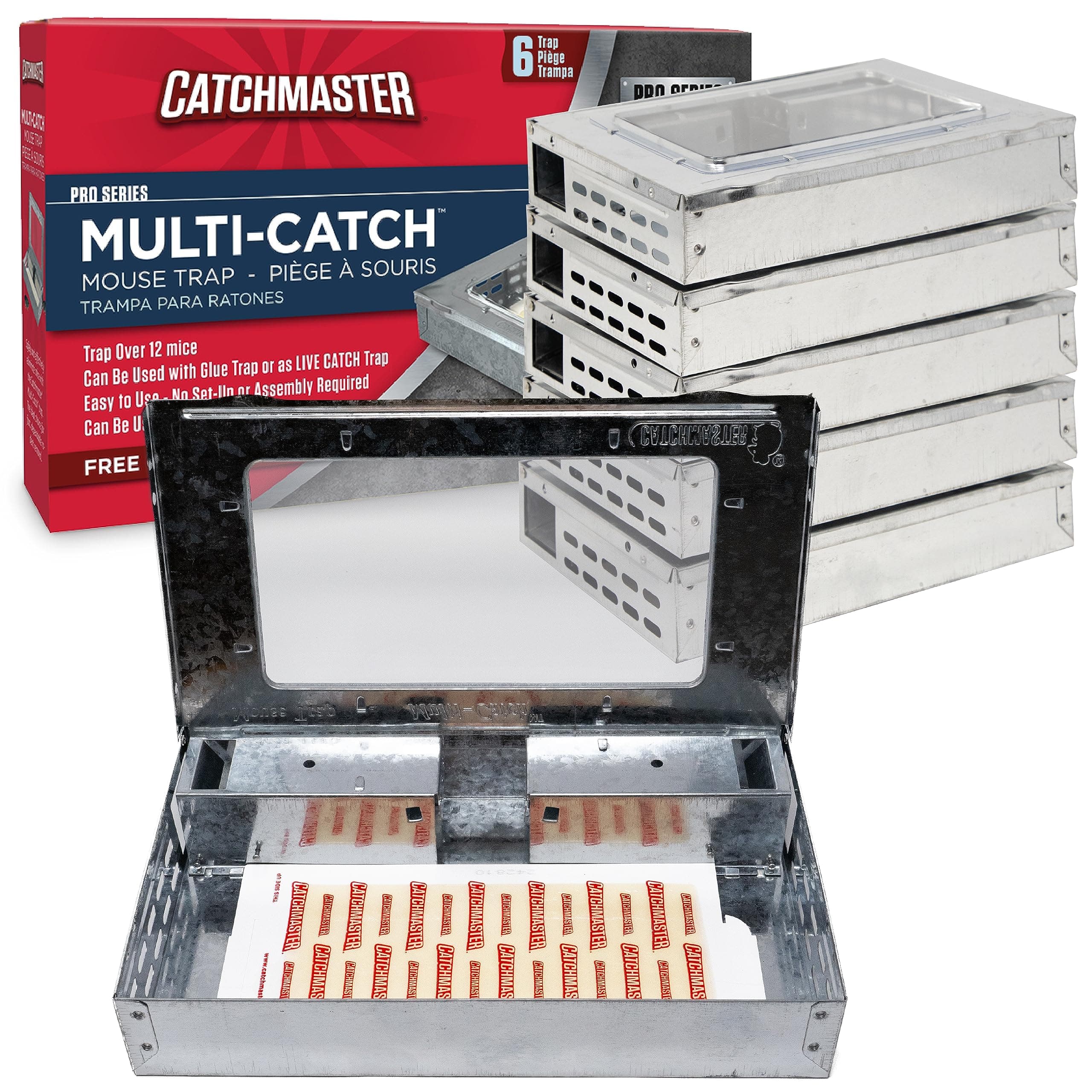 Catchmaster Multi-Catch Mouse Trap 6-Pack, Humane Mouse Traps Indoor for Home, Includes Replaceable Glue Board, Live Catch Pest Control for Garage & Shed