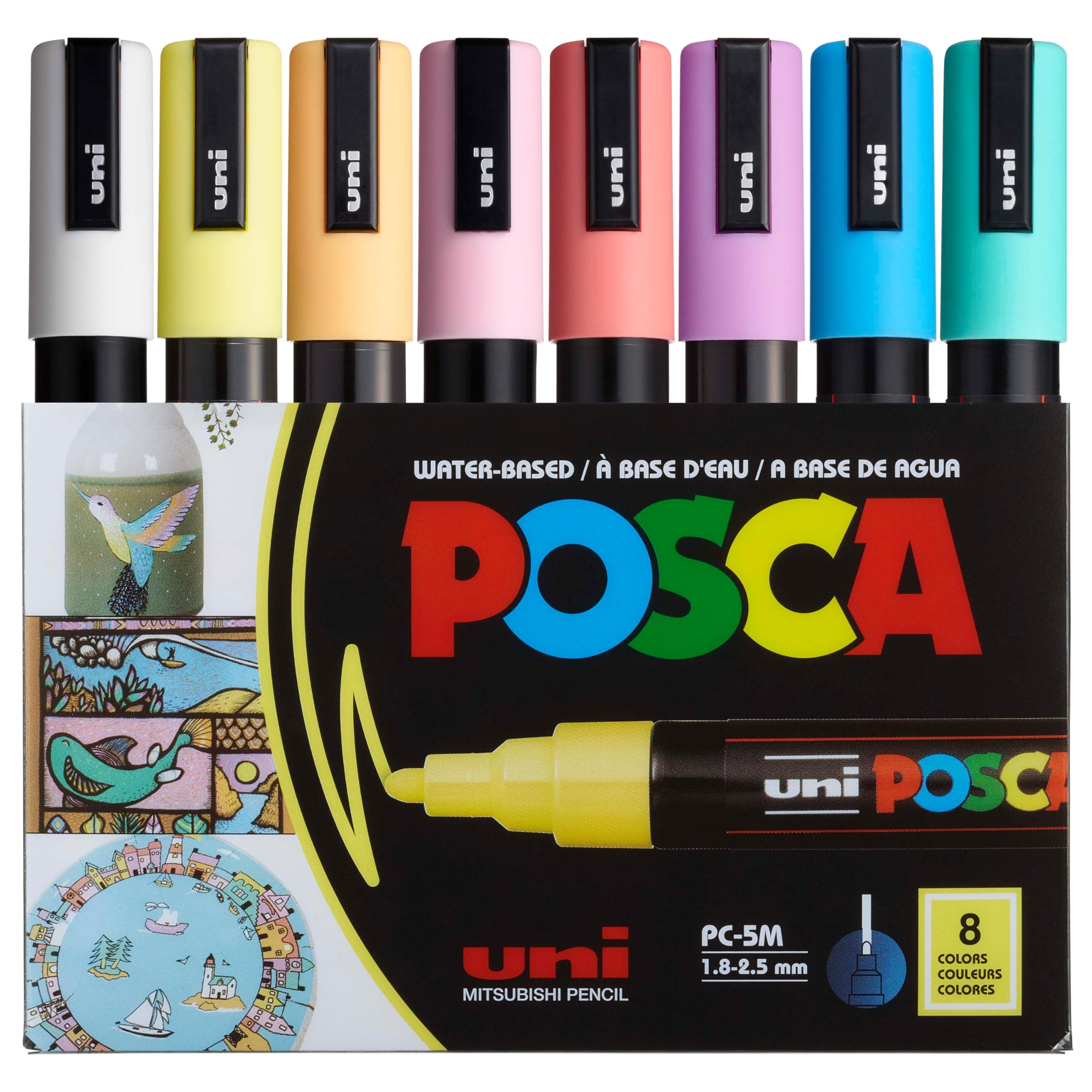 Markers Set, 8 Medium Paint Markers 5M – Soft Tones – White, Sunshine Yellow, Apricot, Light Pink, Coral, Lavender, Light Blue, Aqua Green