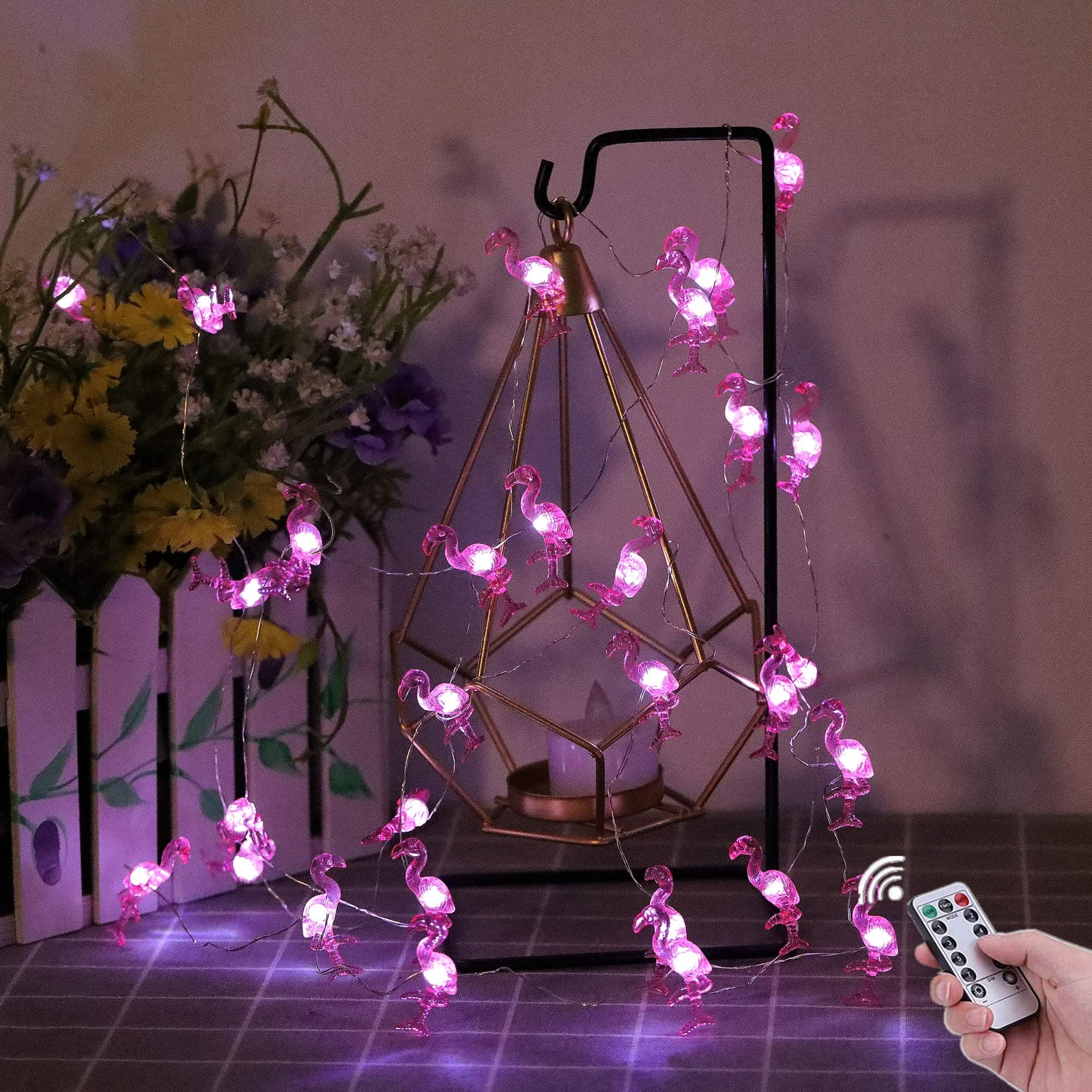 Flamingo Decorative String Lights, 13.85 Ft 40 Cold White LED Weatherproof Battery Operated 8 Modes Spring Fairy Lights for Holiday Parties Bedrooms Weddings Gardens with Remote and Timer