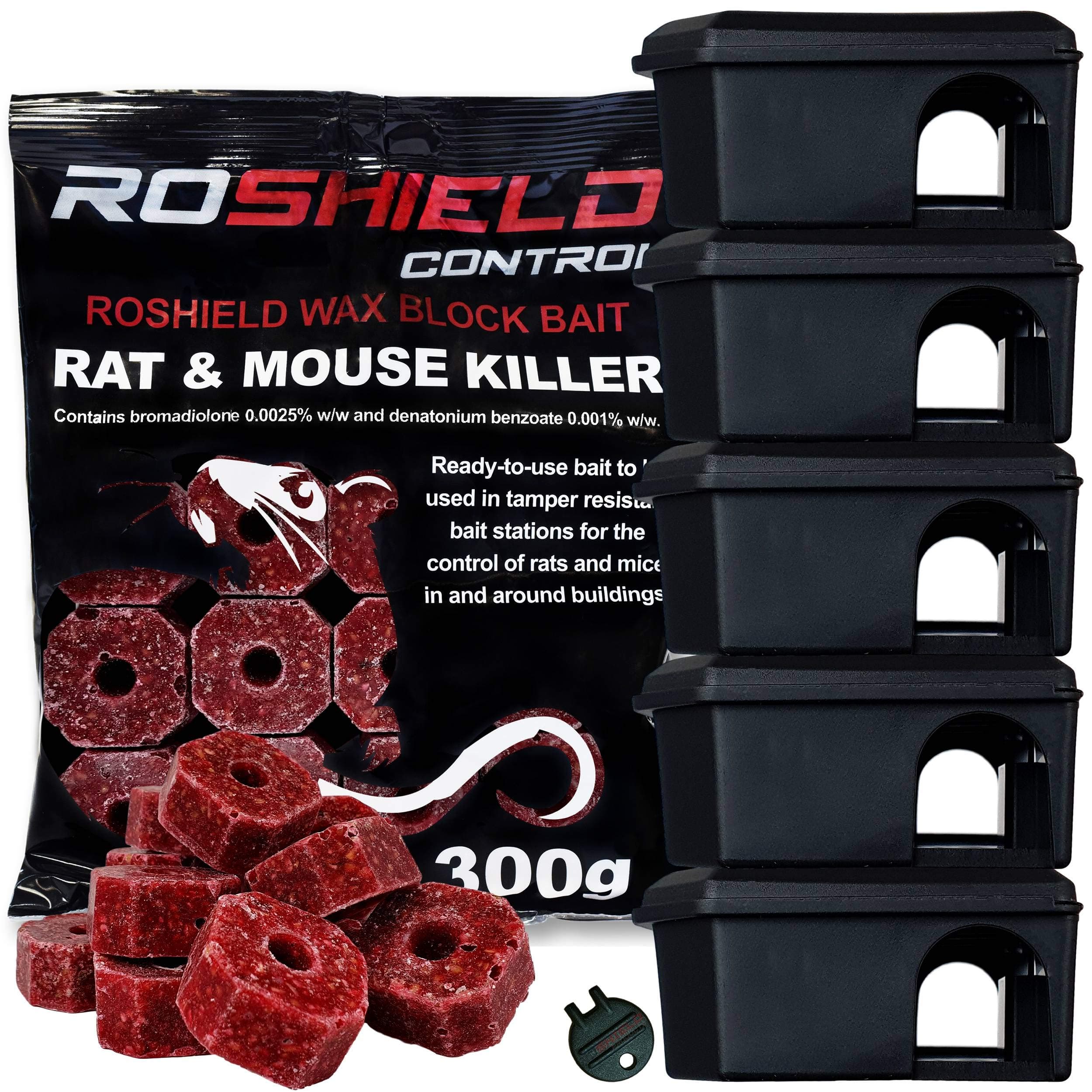 ROSHIELD 5 Black Mouse Tamper-Resistant Locakable Bait Boxes & 15 Killer Poison Wax Blocks | Mice Control Kit for Homes & Buildings (1 x 300g)