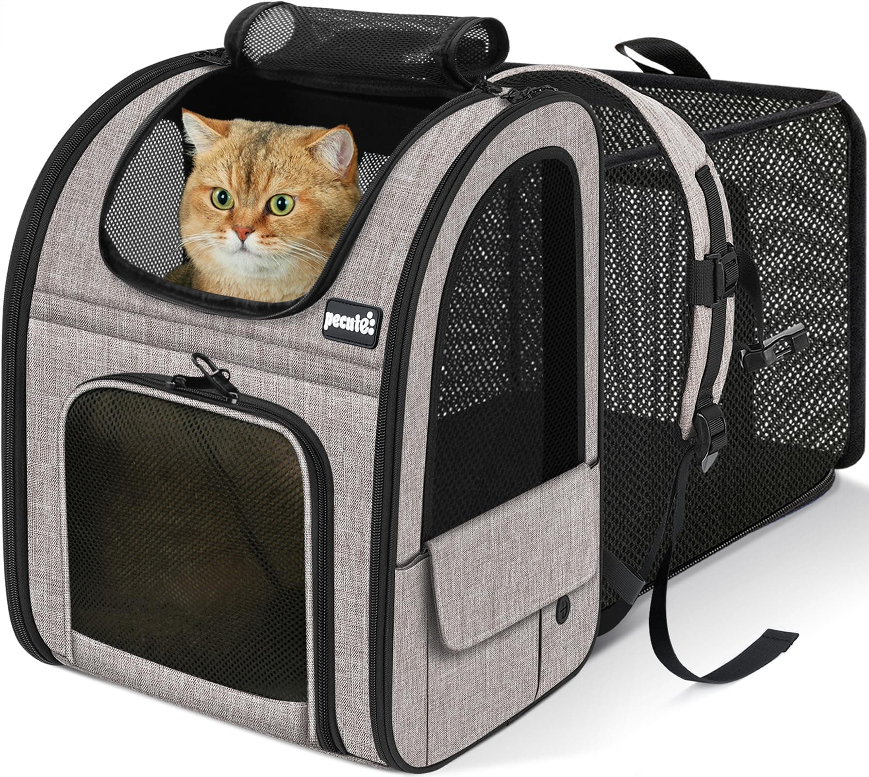 Cat Backpack Carrier Expandable, Pet Backpack for Cats & Small Dogs Up to 11lbs, with 4-Side Breathable Mesh, Multi-Entry & Lockable Zippers for Travel, Hiking, Camping - Hands Free, Khaki