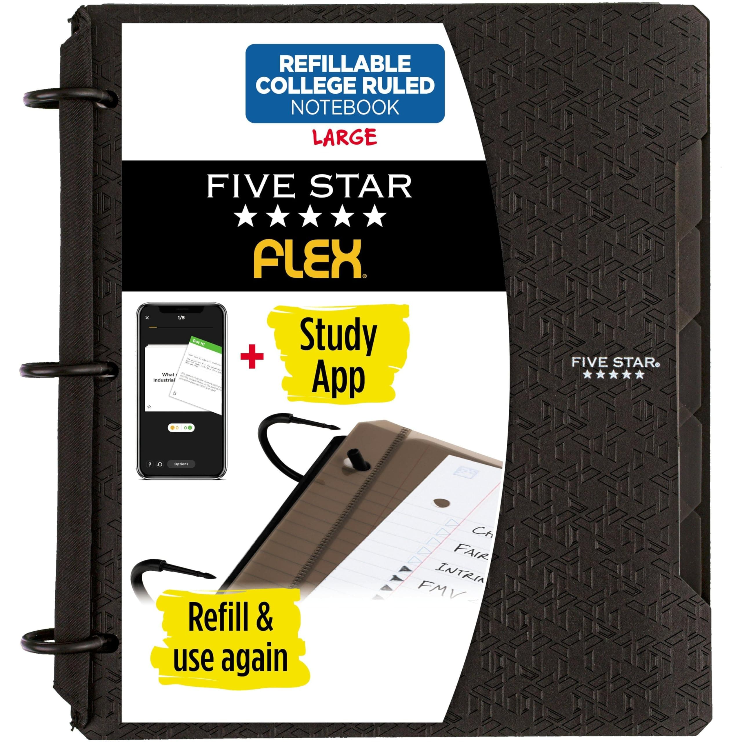 Five Star Flex Refillable Notebook + Study App, College Ruled Paper and 1 Inch TechLock Ring Binder with Pockets, Tabs and Dividers, 200 Sheet Capacity, Black (29328AA2)