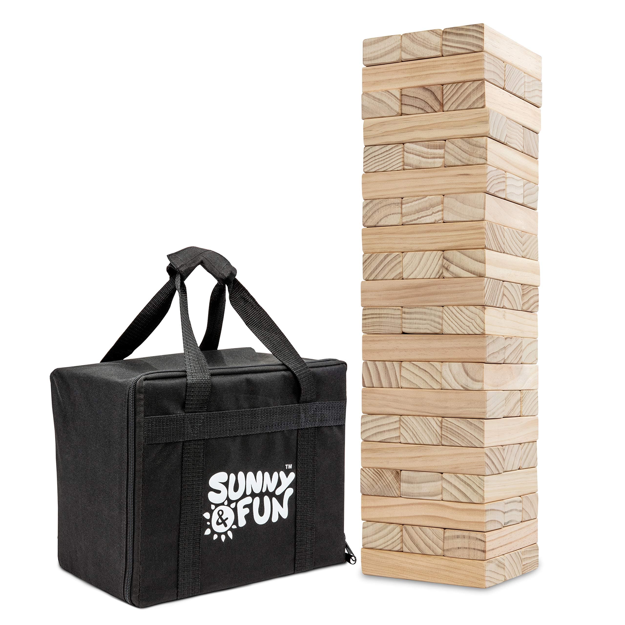 Sunny & Fun Large Tumbling Tower | 60 Piece Set Oversized Wooden Toppling Blocks | Indoor & Outdoor Stacking Yard Game for Adults & Kids | Great for Party Lawn Backyard | w/ Storage Carry Bag