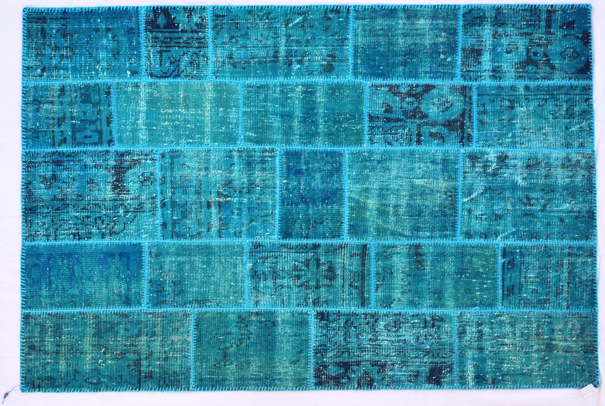 Color Reform Overdyed Handwoven Turkish Patchwork Wool Area Rug 4' x 6' Turquoise
