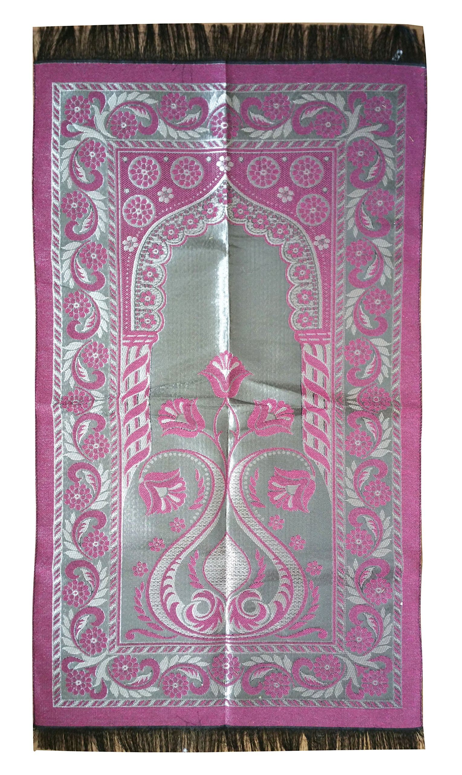 AYDIN Dark Pink Extra Thin Chrome Flowers Pointed Arch Way Salat Rug - Perfect for Travel 26 x 45 Inches